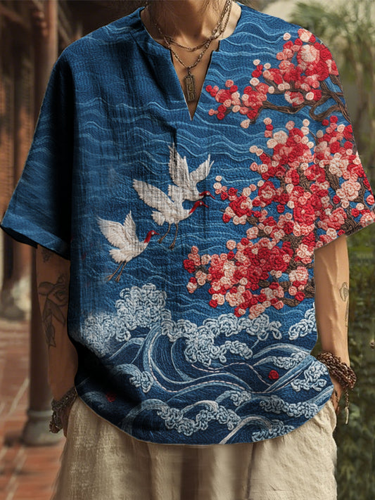 T-shirt col V pour homme avec broderie de fleurs et de grues