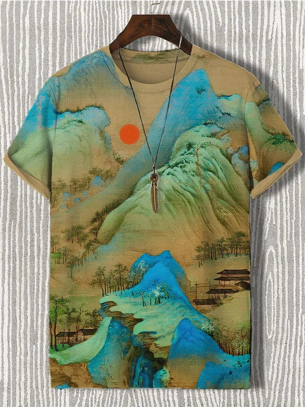 T-shirt imprimé d'art japonais pour homme « Mille kilomètres de rivières et de montagnes »