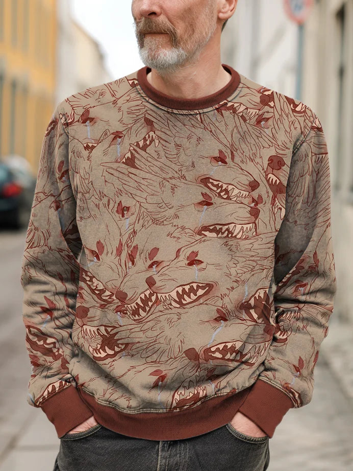 Sweat-shirt décontracté à imprimé loup hurlant pour homme