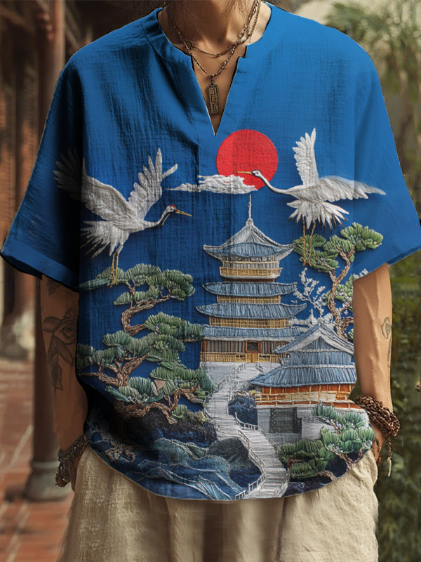 T-shirt col V pour homme avec broderie et motif grues volantes