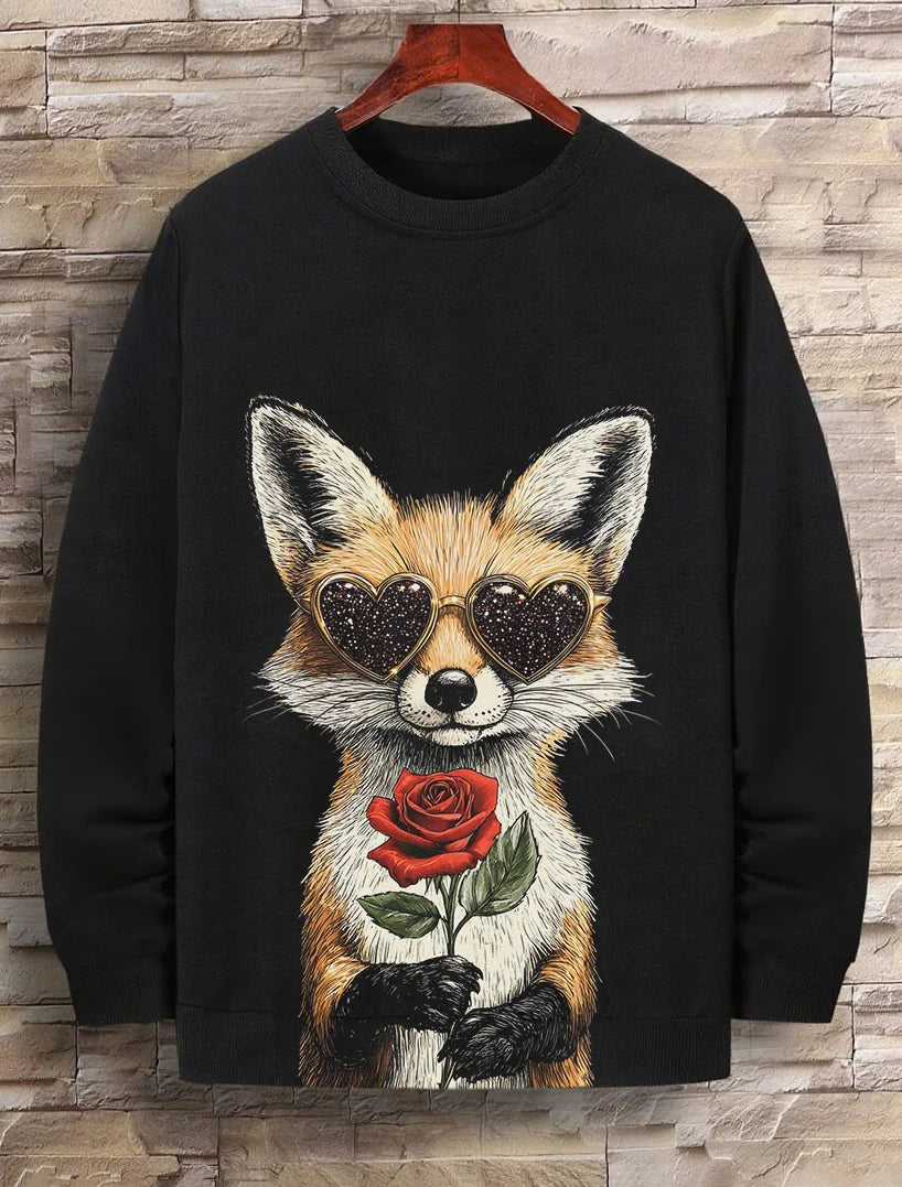 Sweat-shirt décontracté à imprimé renard tenant une rose pour homme
