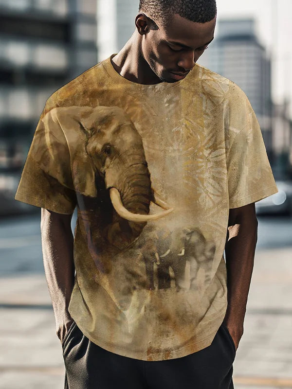 T-shirt décontracté à imprimé famille d'éléphants pour homme