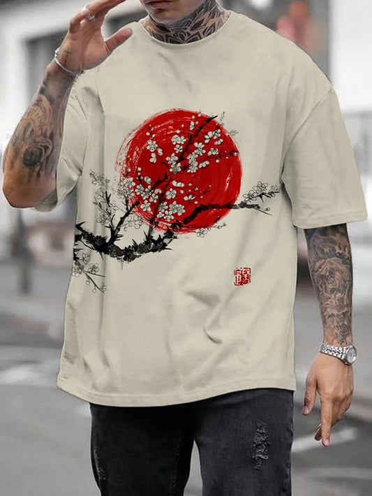 T-shirt décontracté à manches courtes pour homme, imprimé art japonais « lever de soleil en fleurs de prunier »