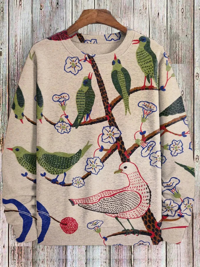 Sweat-shirt décontracté à imprimé artistique vintage oiseaux et fleurs pour homme