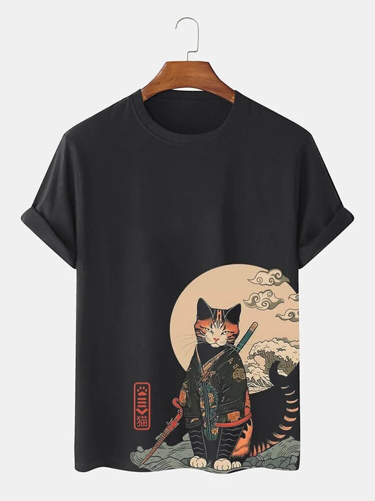 T-shirt décontracté à imprimé chat samouraï japonais rétro pour homme