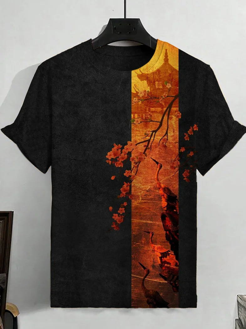 T-shirt rétro pour homme avec imprimé artistique de fleurs de cerisier et de grues