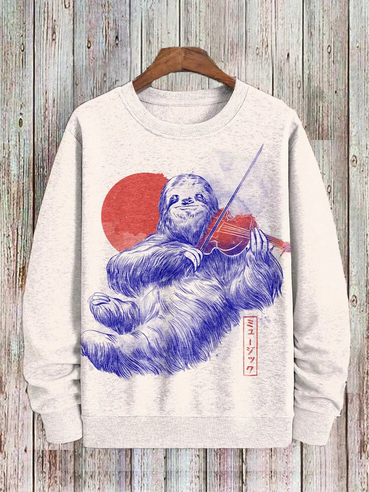Sweat-shirt décontracté à imprimé paresseux musicien pour homme