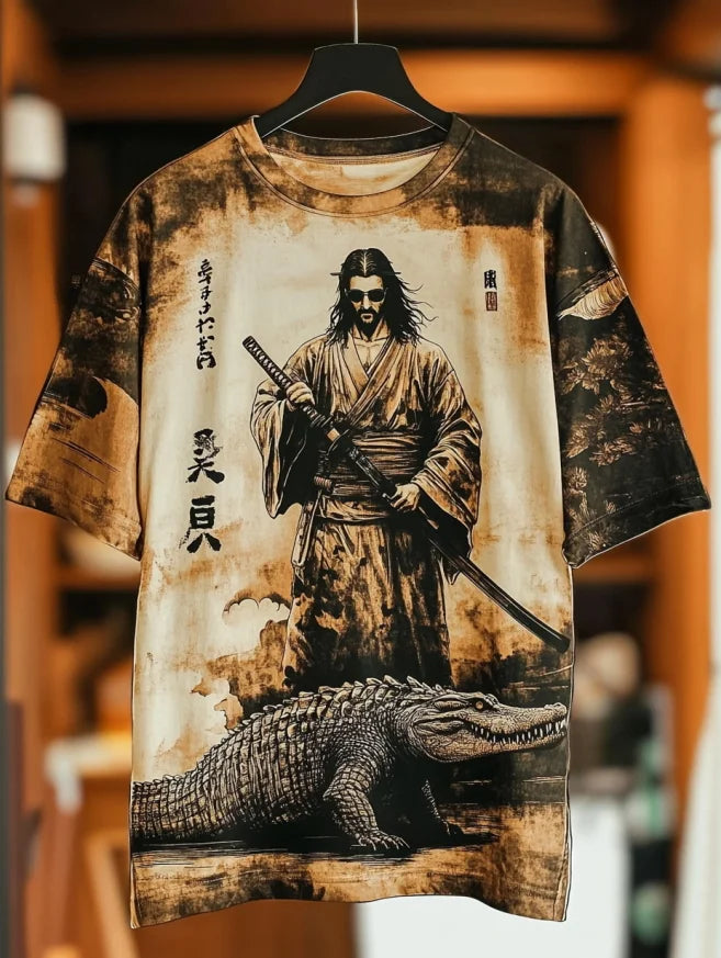 Men's Vintage Jesus Warrior And Crocodile Art Print T-Shirt