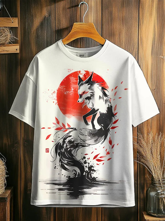 T-shirt imprimé peinture japonaise à l'encre de renard pour homme
