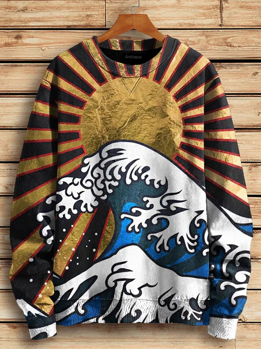 Sweat-shirt décontracté pour homme, imprimé artistique Golden Sunlight and Sea Wave
